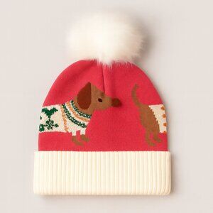Pink Dachshund Knit Beanie with Faux Fur Pom – Winter Dog Sweater Design